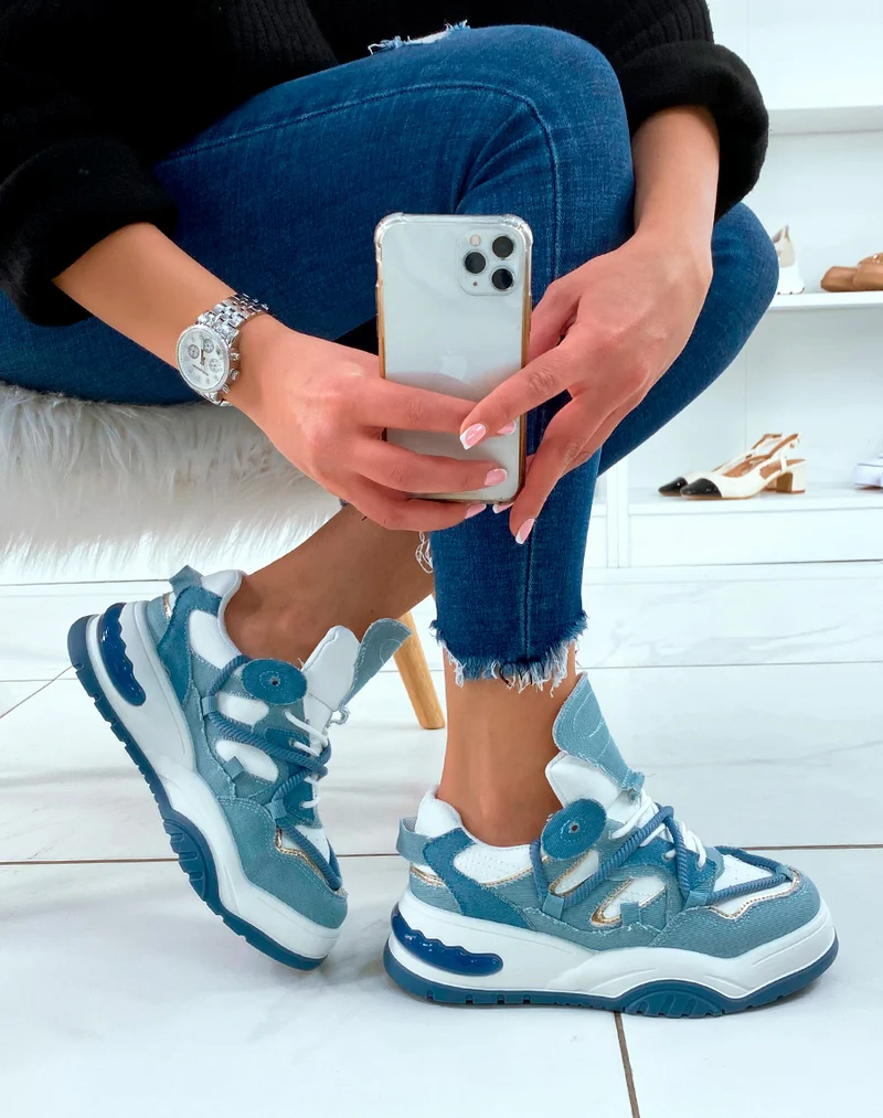 Baskets en jean à multiples détails et lacet en corde