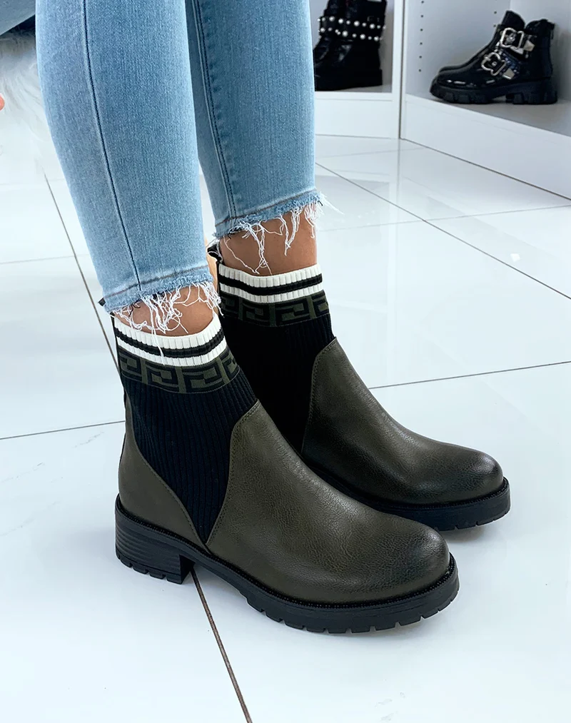 Bottines kaki mat effet chaussettes