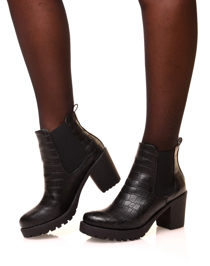 Bottines noires à effet croco