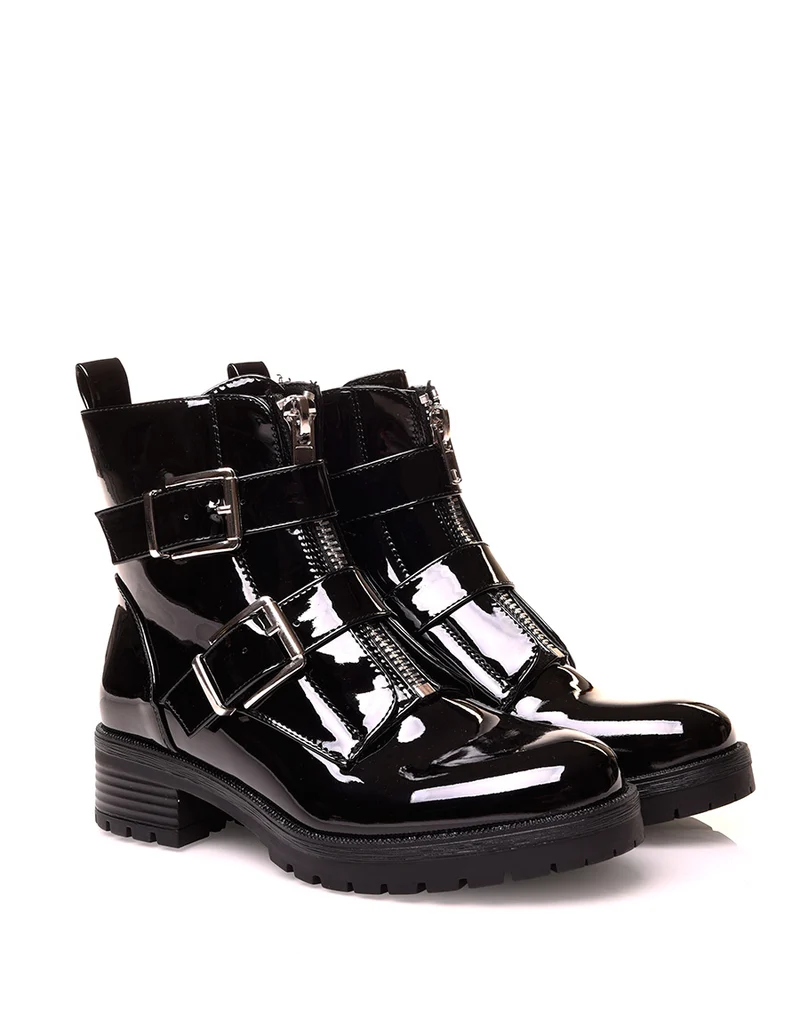 Boots noirs effet vernis à sangles