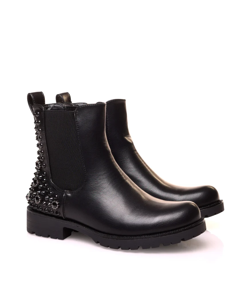 Chelsea boots noires ajouré de clous et de strass noirs