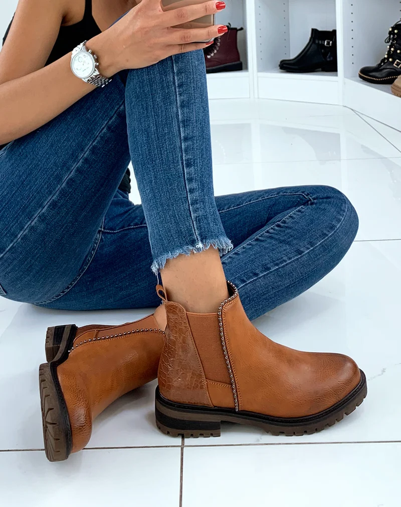 Bottines camel bi-matières avec élastique
