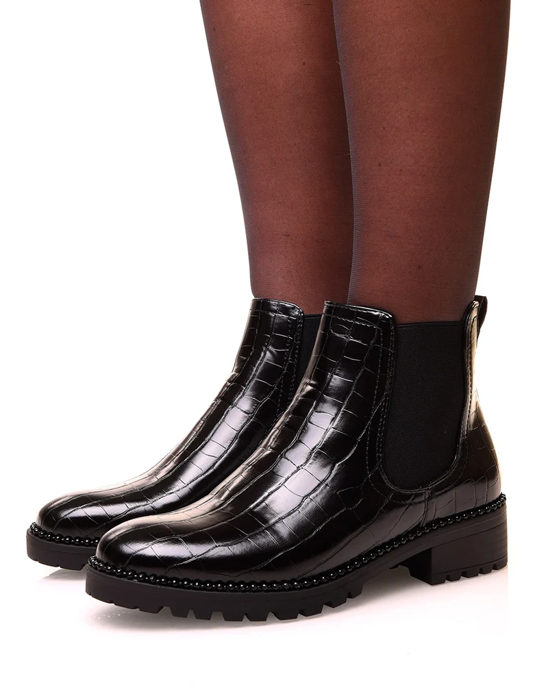 Chelsea boot noires effet croco et à détails perlés