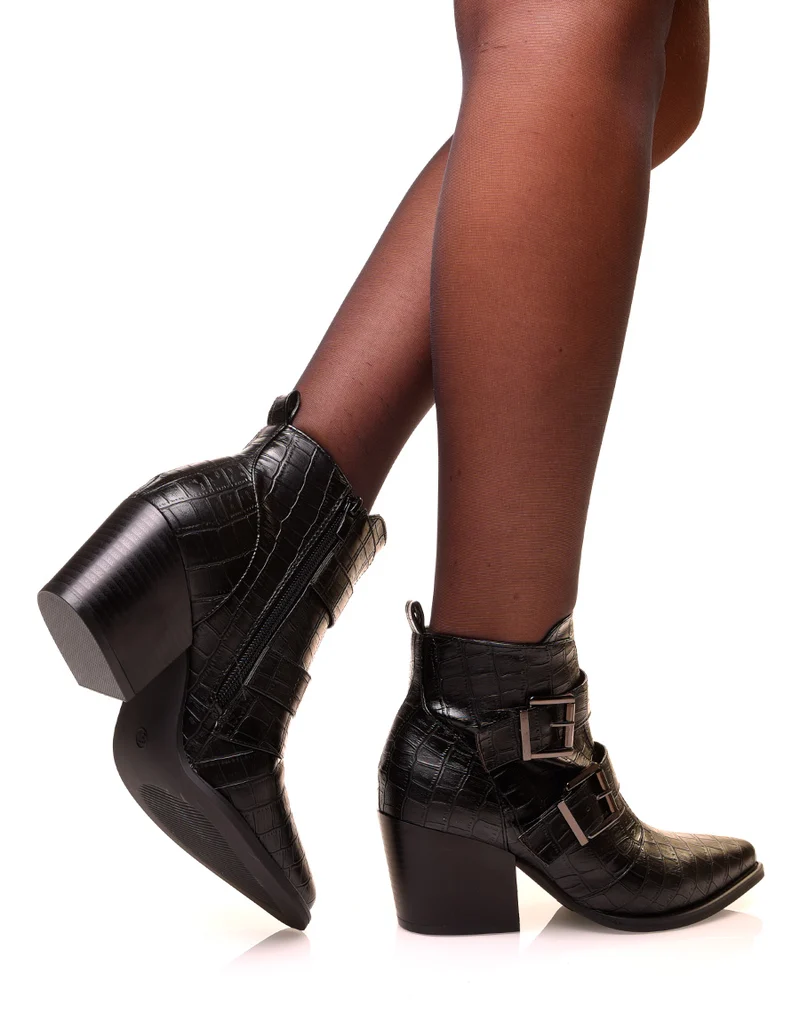 Bottines noires à talons et à effet croco