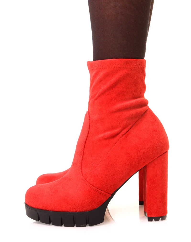 Bottines rouges à talon en suédine à plateforme épaisse