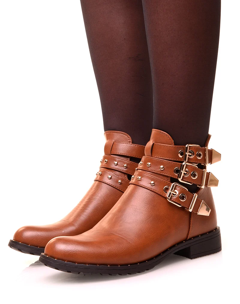 Bottines camel ajourés à sangles dorés