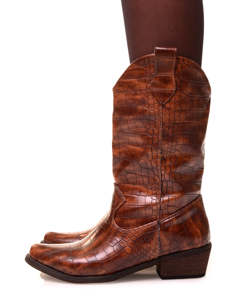 Santiags hautes camel effet croco