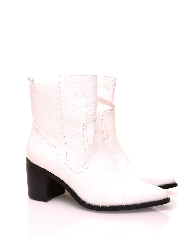 Santiags blanches à talon effet croco vieillis