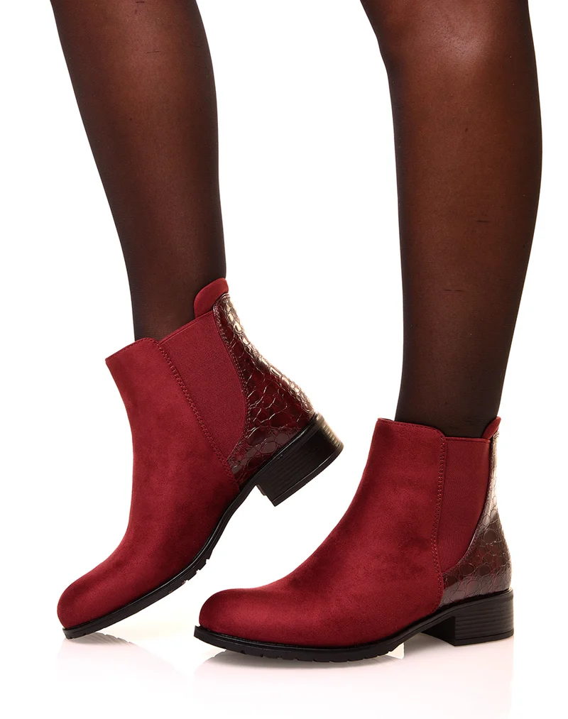 Bottines en suédine bordeaux à effet croco