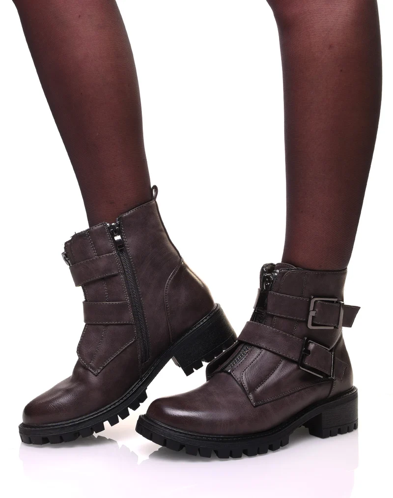 Bottines montantes grises à fermetures éclaires