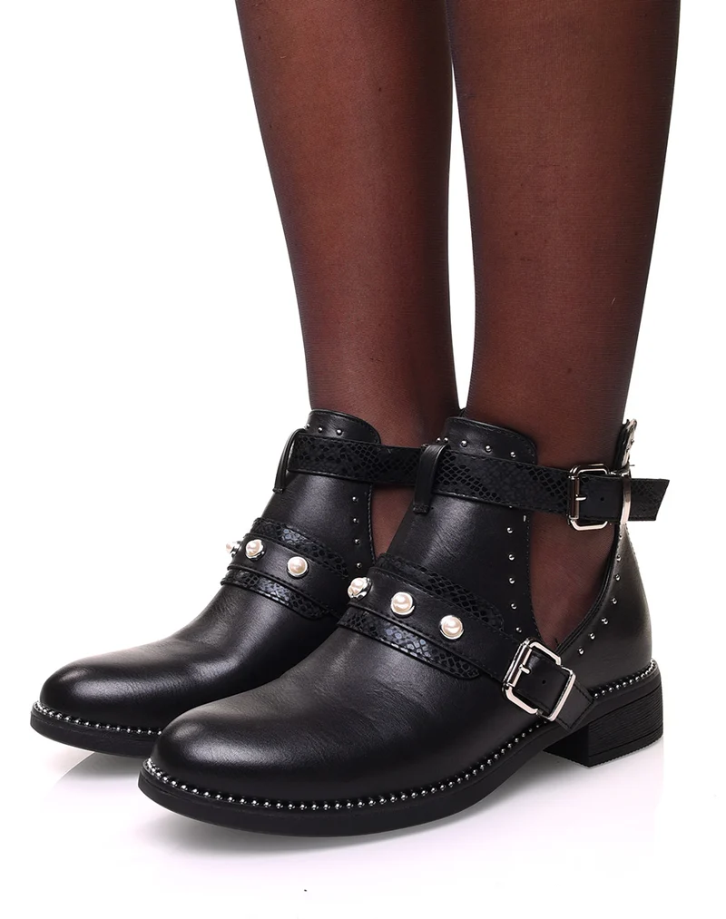 Bottines noires ajourées à sangles effet python