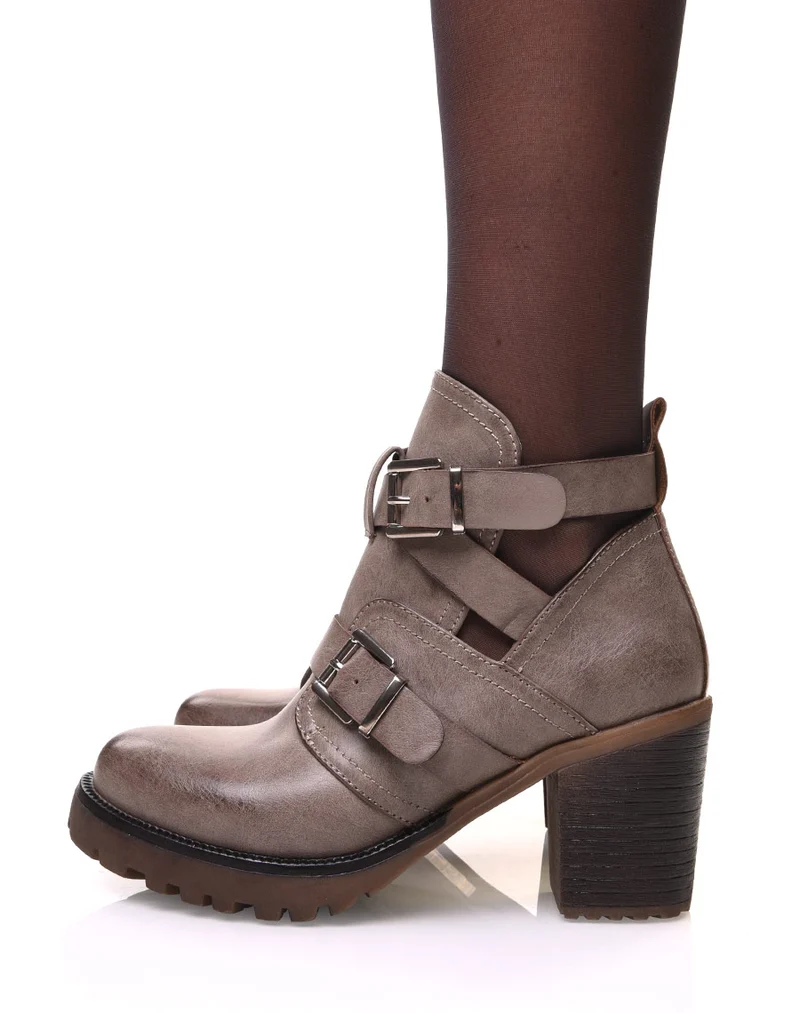 Bottines ajourées taupes à sangles multiples