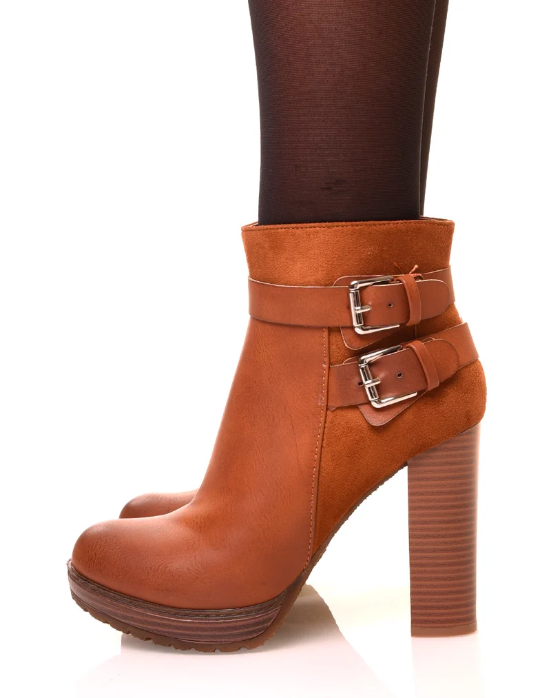 Bottines camel à talons bi-matières