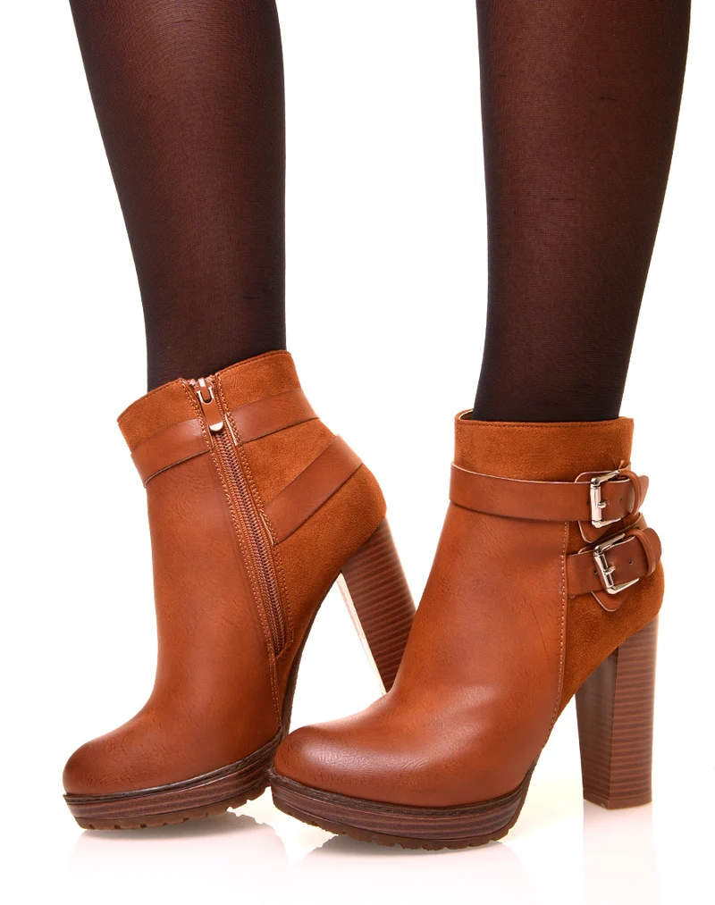 Bottines camel à talons bi-matières
