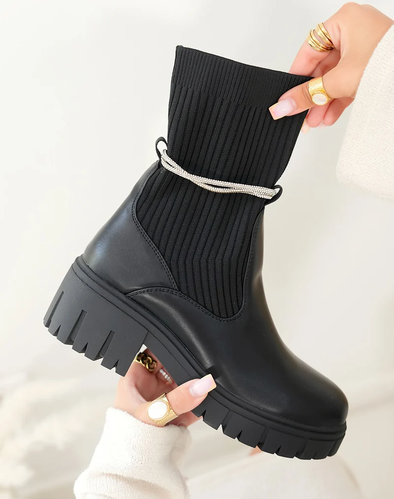 Bottines Noires Femme avec Effet Chaussette et Strass Amovible