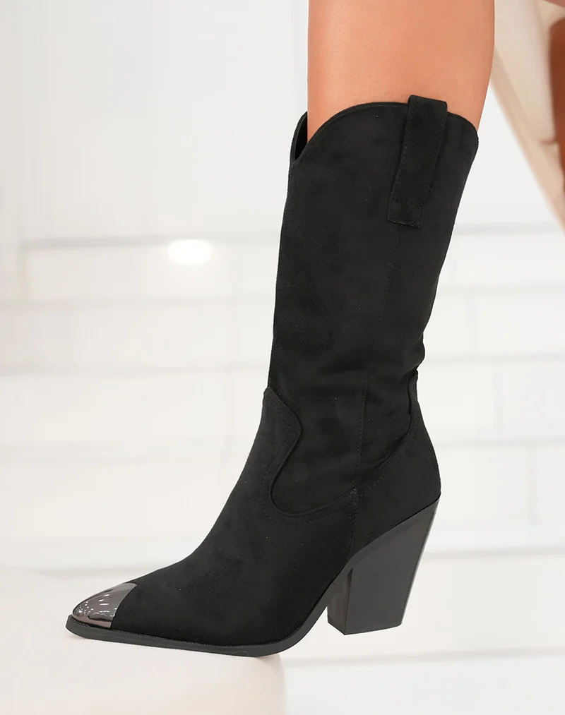 Bottes noires en suédine à talon style santiags pour femmes