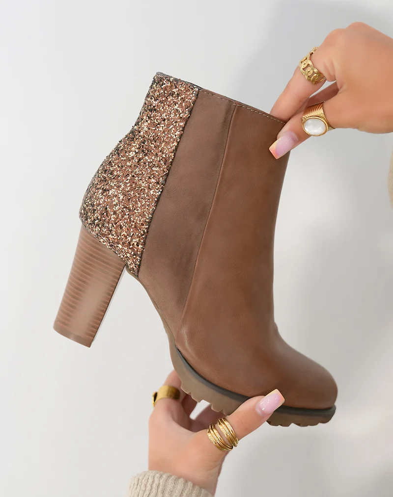 Bottines taupes triple matière à paillettes et à talon