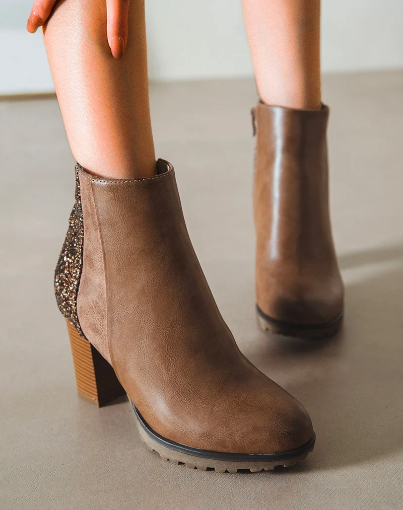 Bottines taupes triple matière à paillettes et à talon