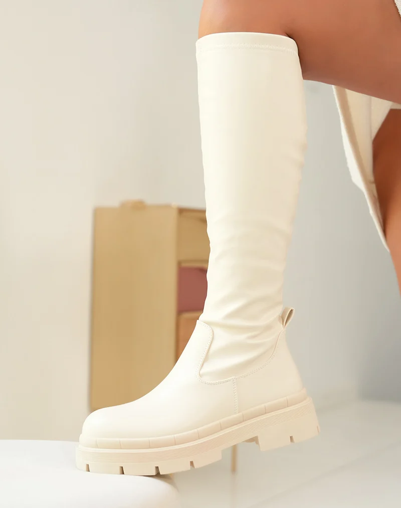 Bottes beiges inspiration chelsea à semelle plate et épaisse