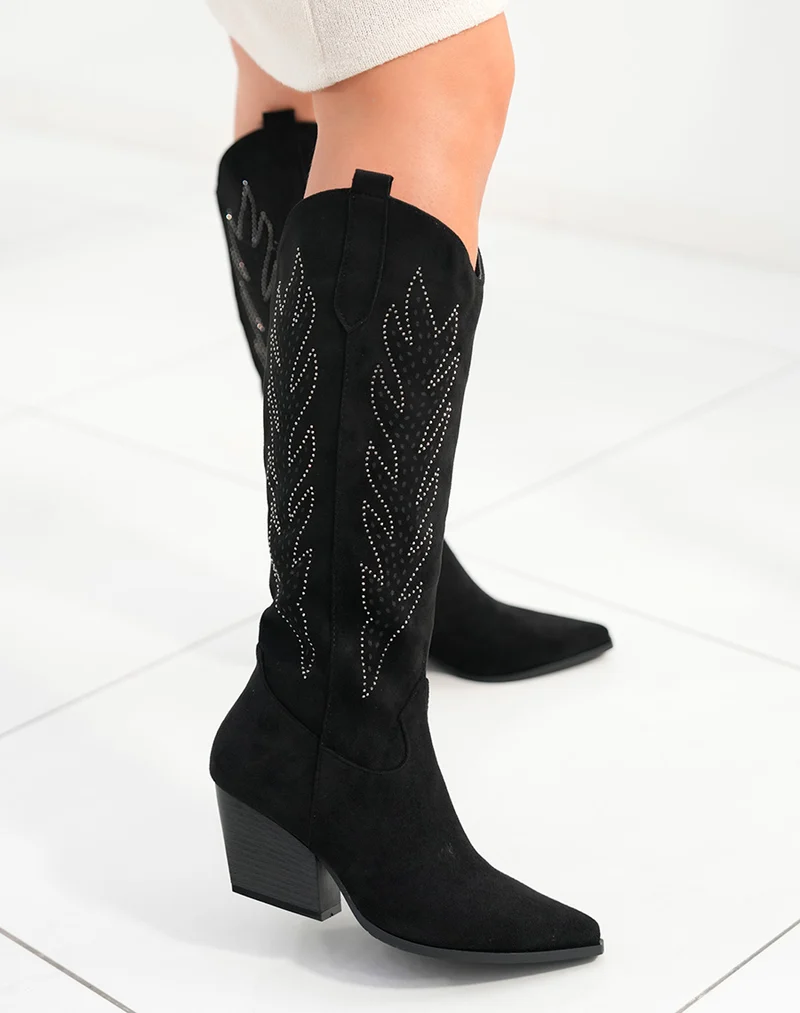 Bottes femme noires en suédine style santiags avec strass et talon épais audace et élégance
