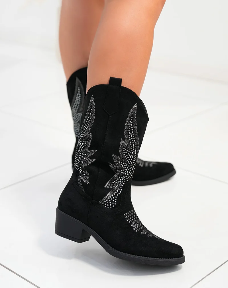 Bottines santiags femme noires en suédine avec strass argenté et talon bas