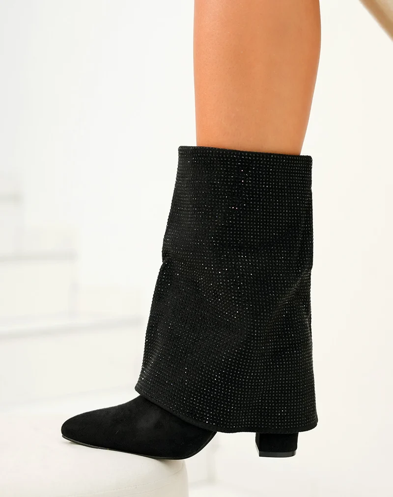 Bottines femme avec revers à strass et bout pointu en suédine
