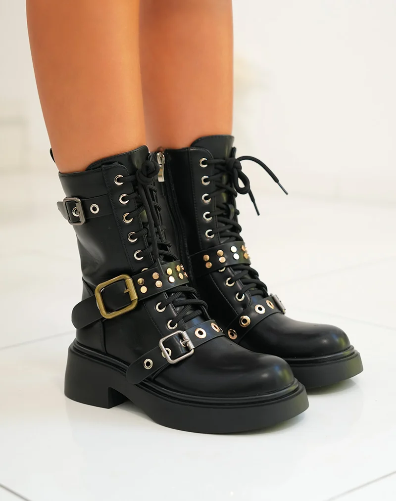 Bottines femme à lacets avec sangles et détails dorés bout rond et talon