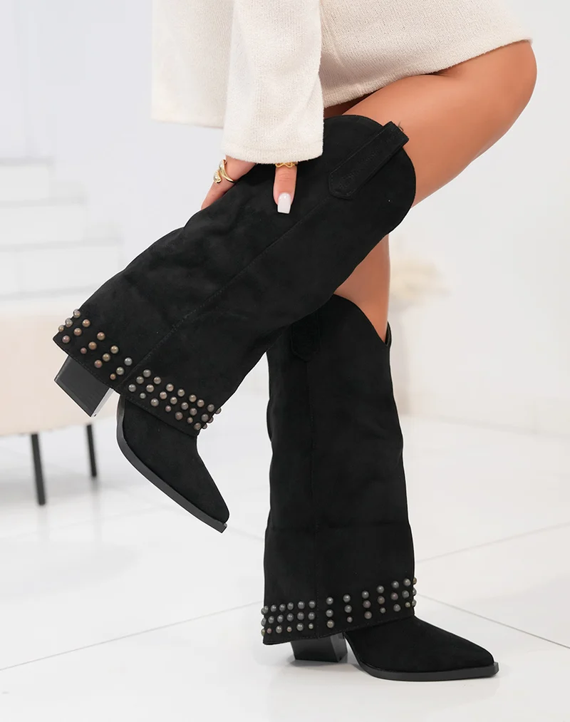 Bottes femme en suédine noire avec clous et talon épais de 85 cm