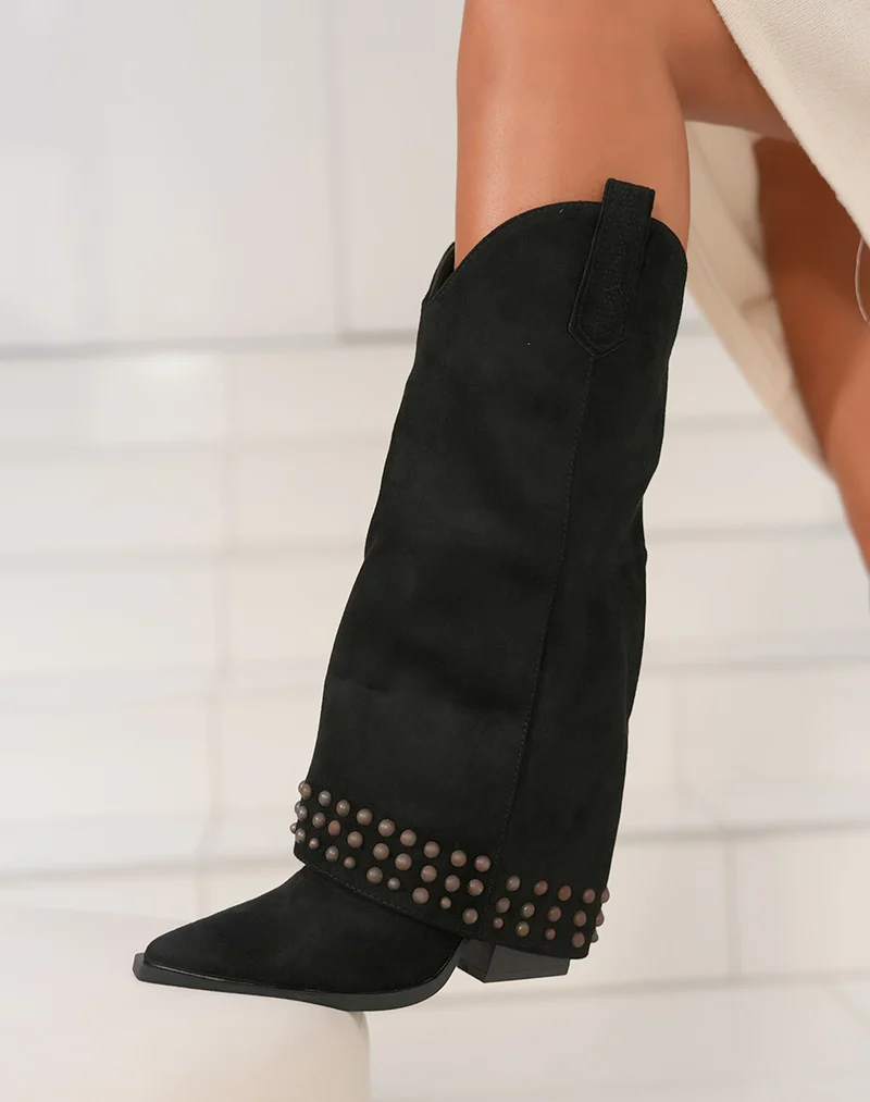 Bottes femme en suédine noire avec clous et talon épais de 85 cm