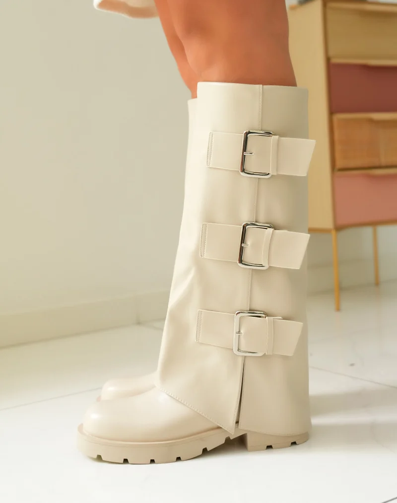Bottes Femme Beiges Vernies à Semelle Crantée