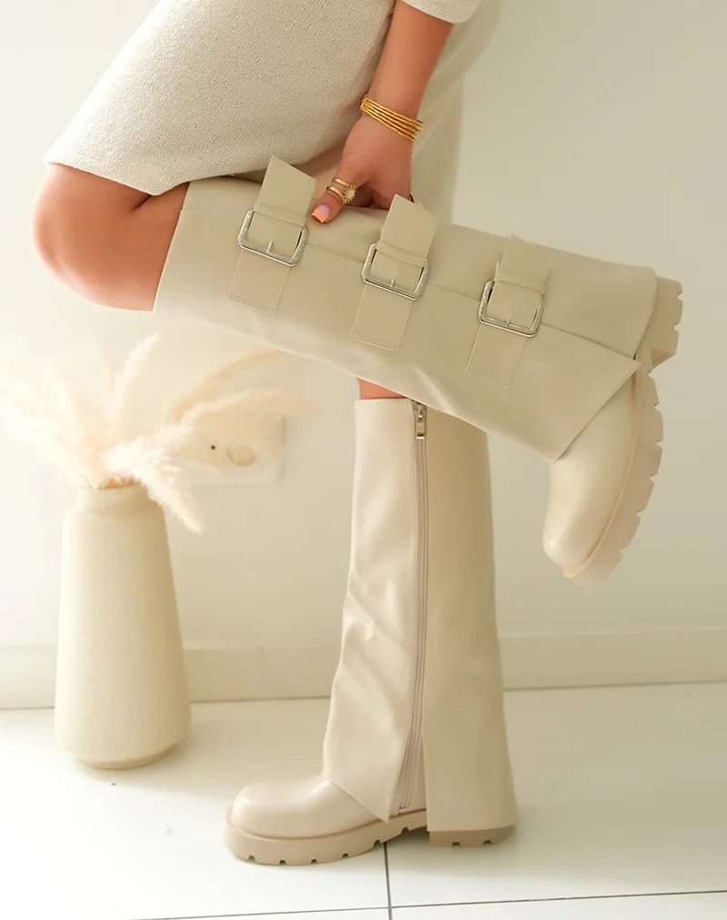 Bottes Femme Beiges Vernies à Semelle Crantée