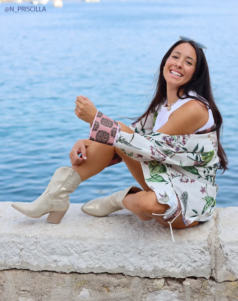 Bottes Santiags Femme Irisées Dorées avec Talon Marron Clair