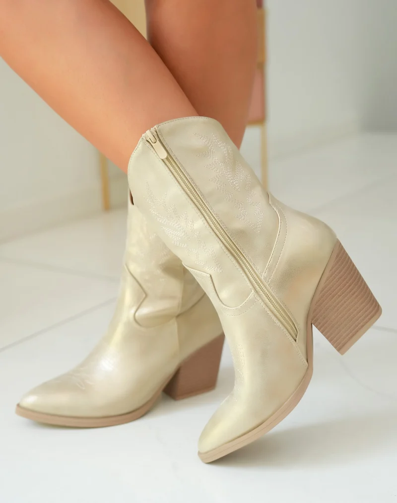 Bottes Santiags Femme Irisées Dorées avec Talon Marron Clair