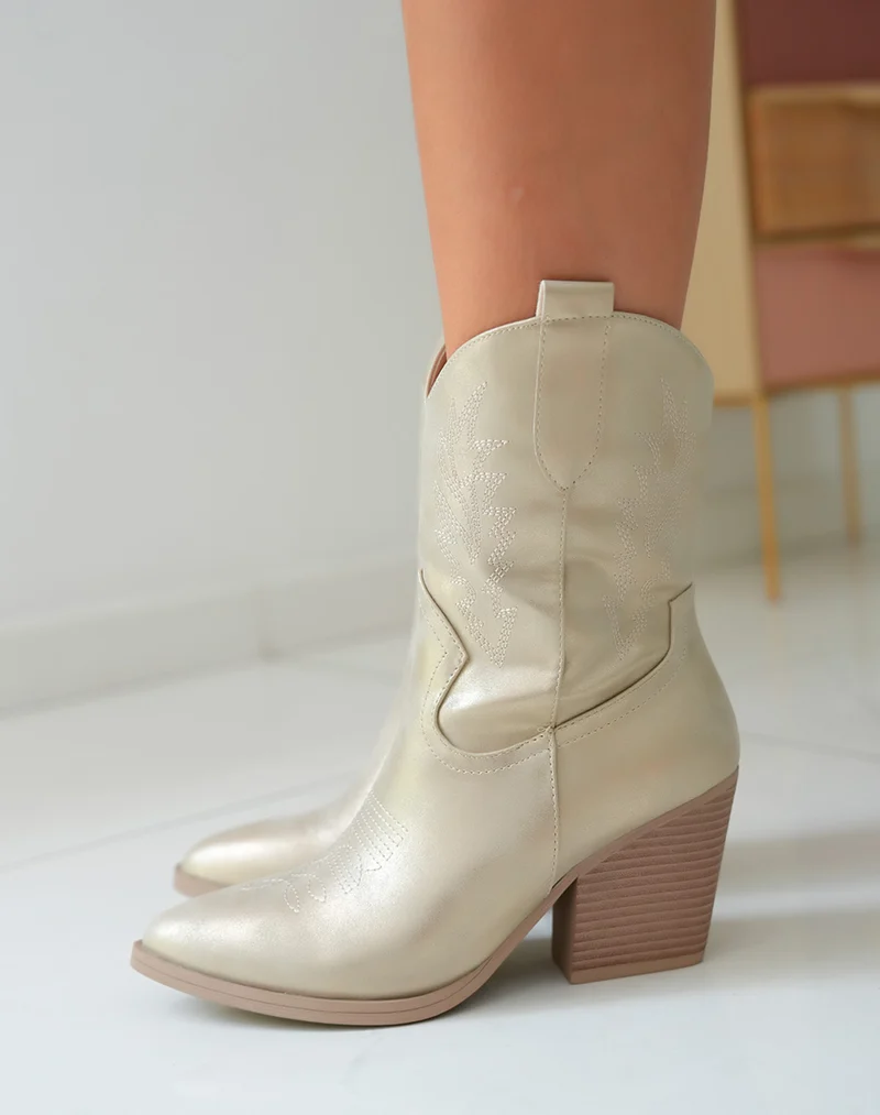 Bottes Santiags Femme Irisées Dorées avec Talon Marron Clair