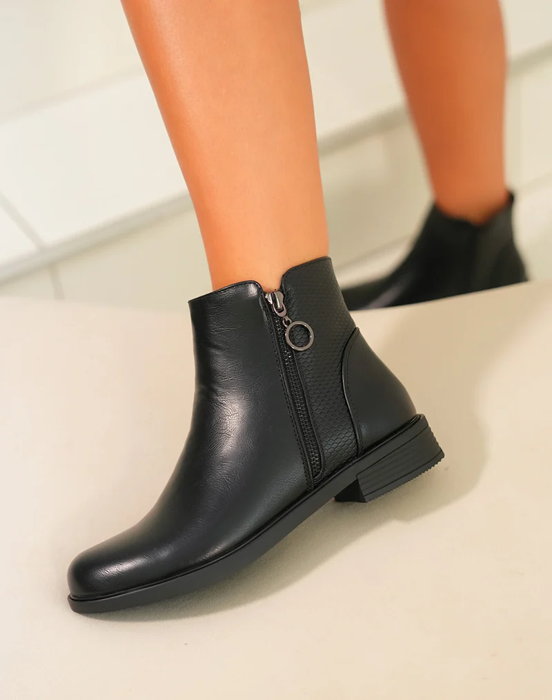 Bottines noire Bi-Matière : Effet serpent pour femme