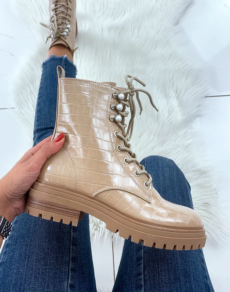 Bottines montantes beiges effet croco