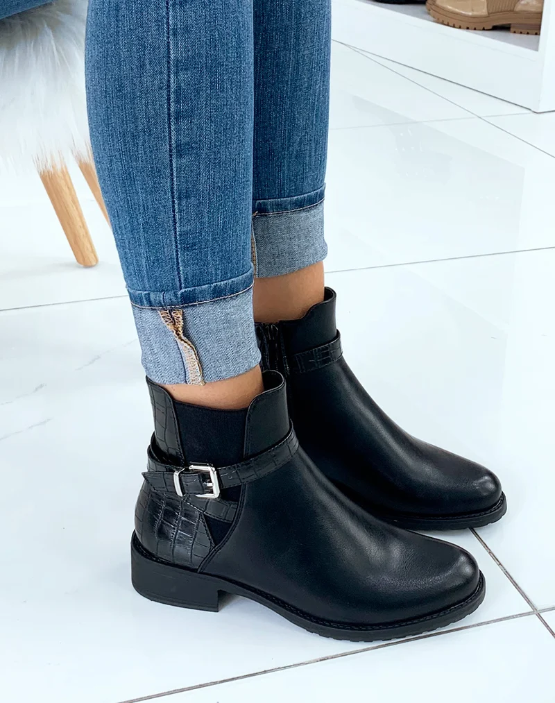 Bottines basses noires effet croco