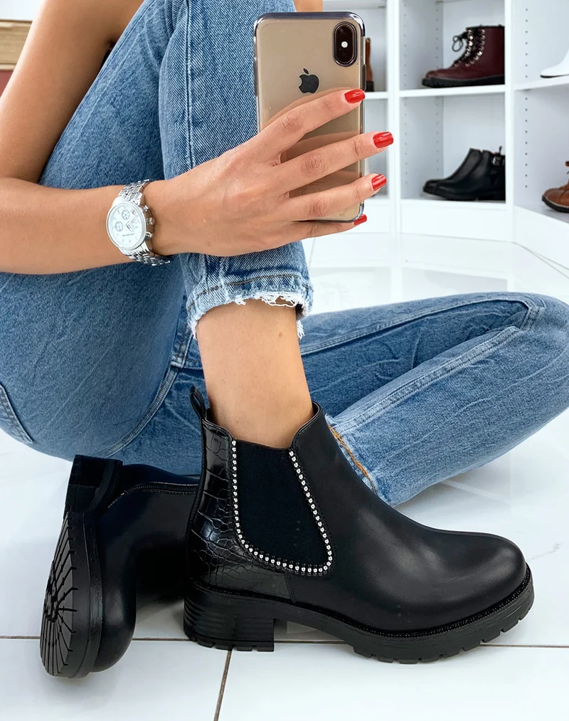 Bottines noires lisse et effet croco à clou