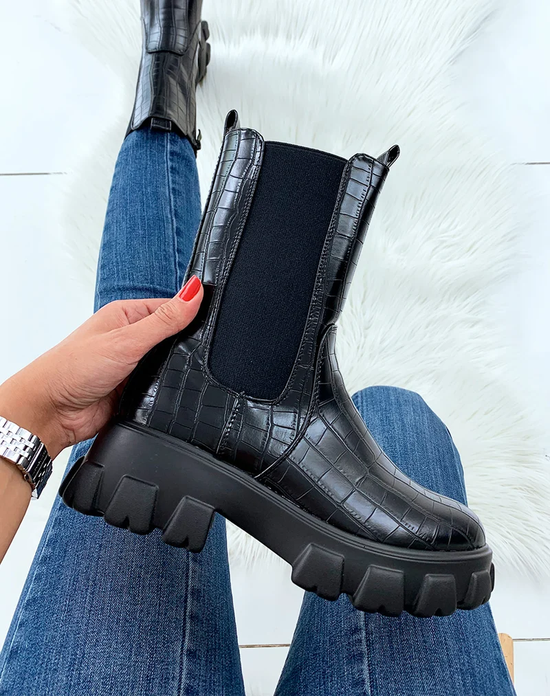 Bottes mi-mollet noires effet croco avec semelle épaisse