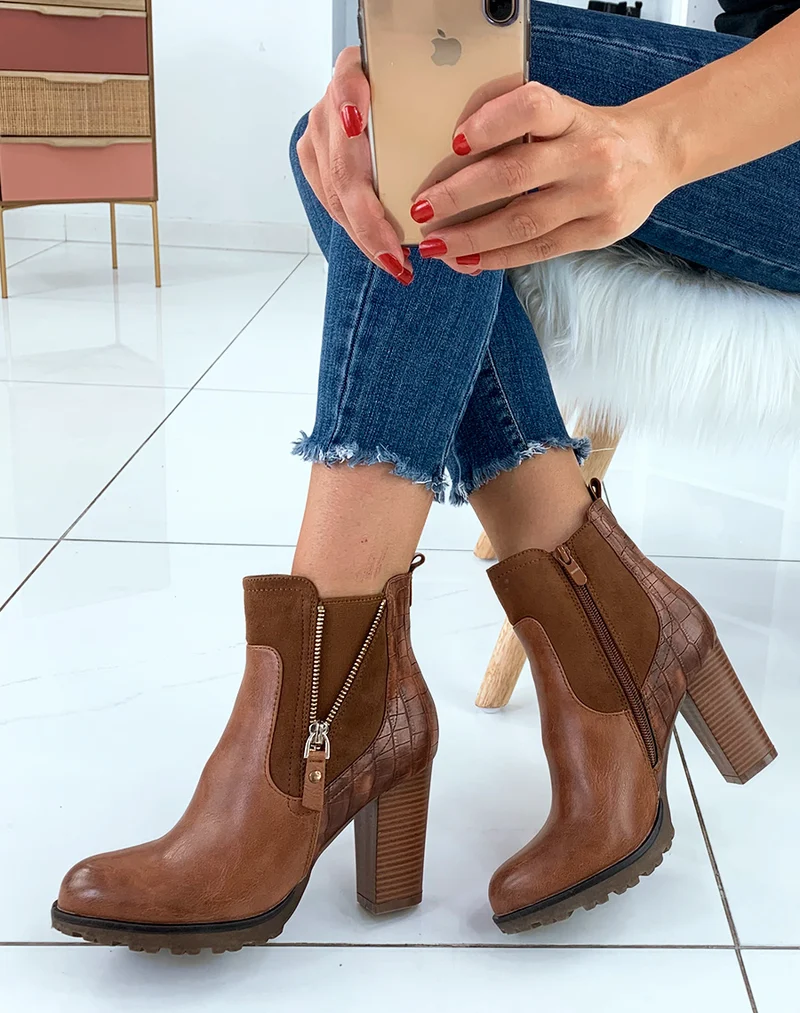 Bottines camel bi-matières à talon