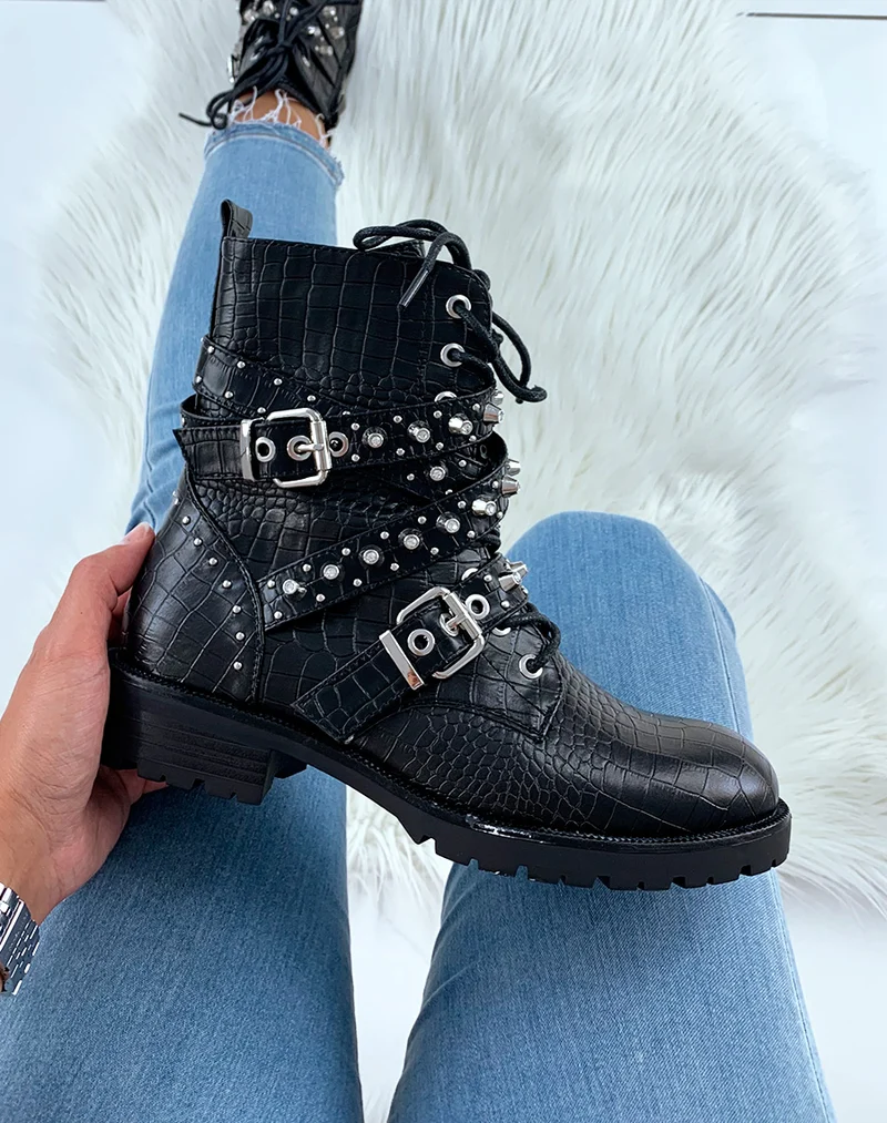 Bottines noires effet serpent à bijoux rock