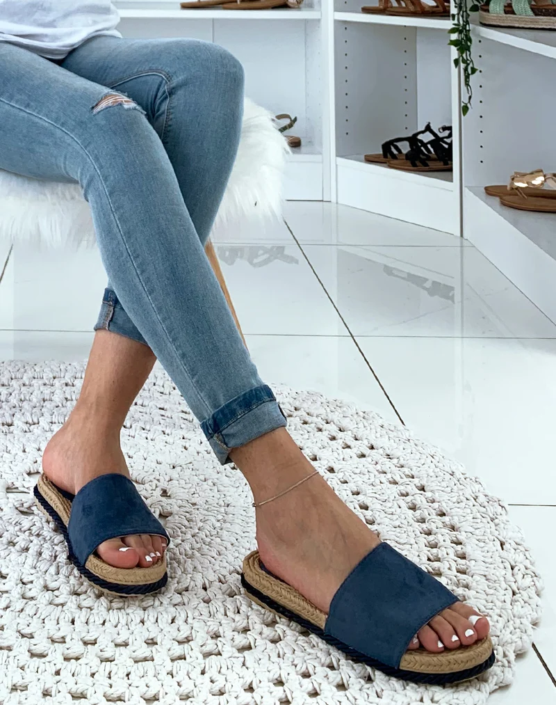 Mules bleu suédine semelle en corde