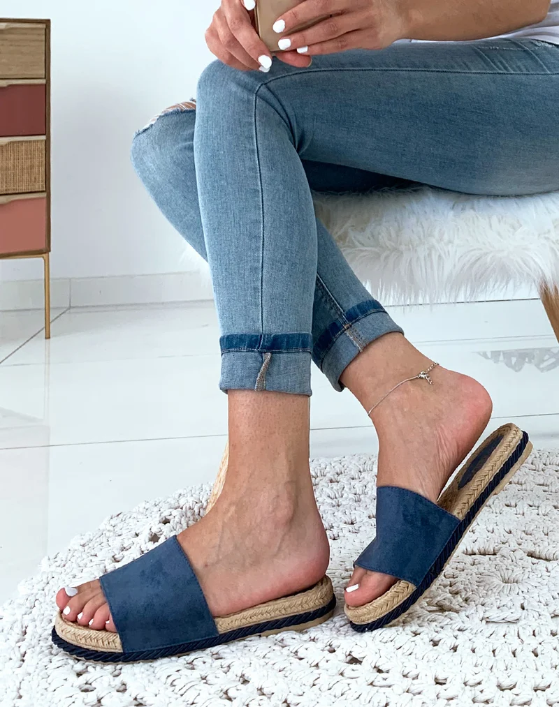 Mules bleu suédine semelle en corde