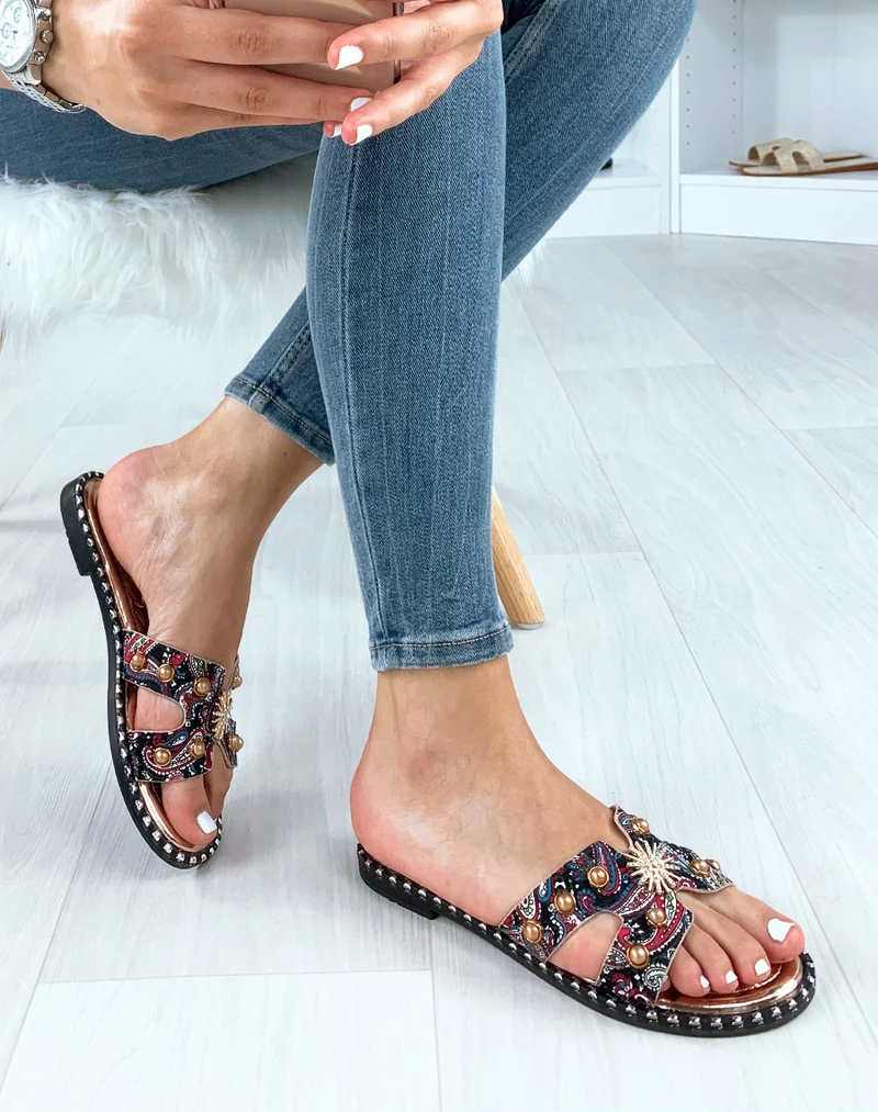 Mules roses dorées à ornement
