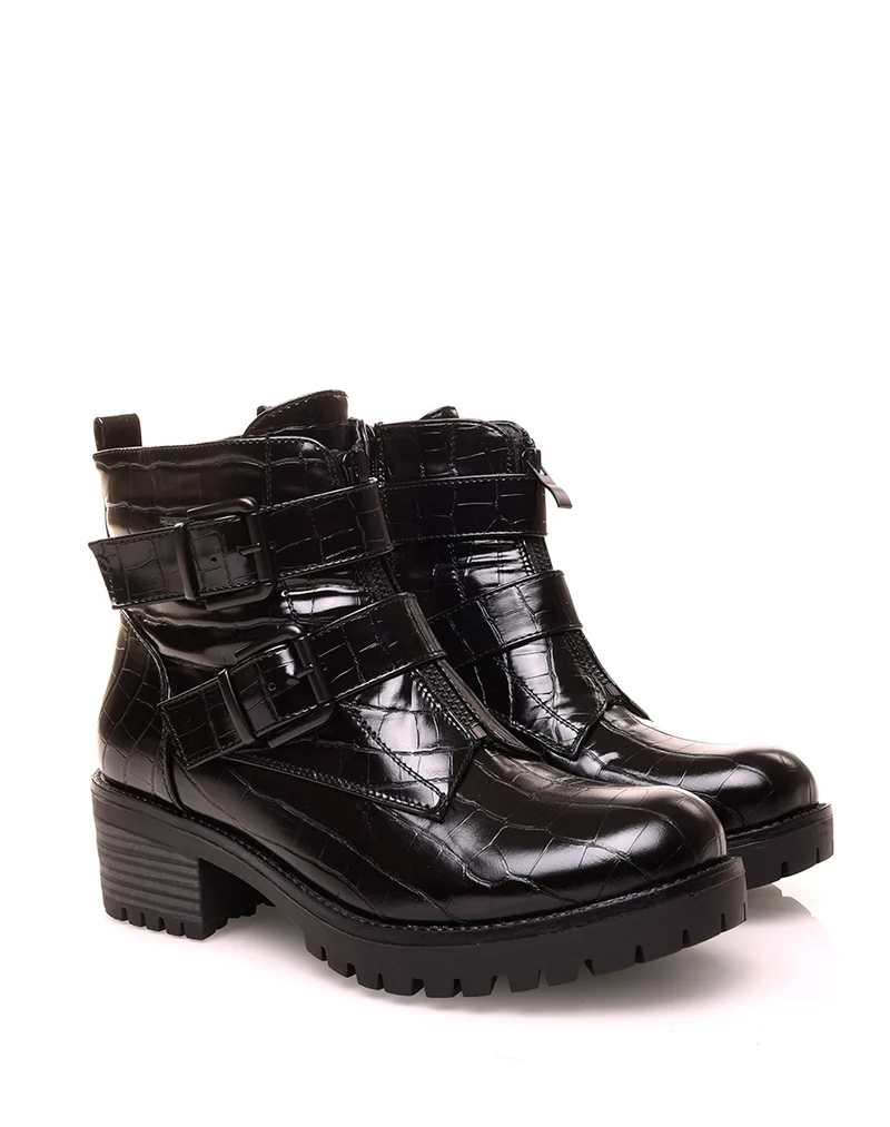 Bottine noire effet cocro à multiples sangles