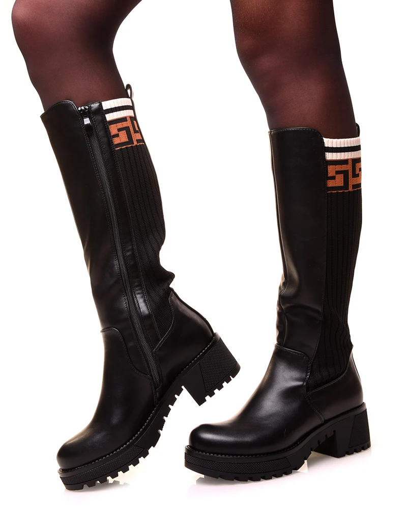 Bottes noires à empiècement tissus