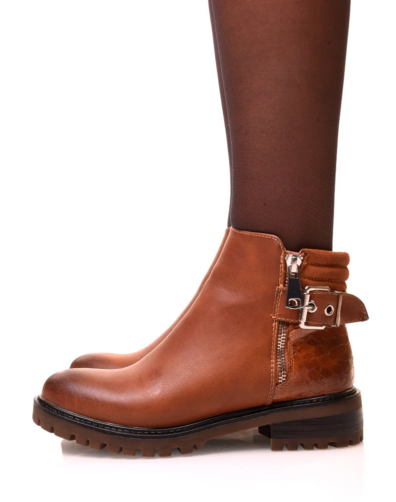Bottines camel bi-matières avec sangle