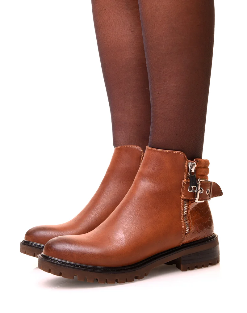 Bottines camel bi-matières avec sangle