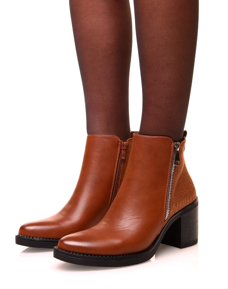 Bottines camel à talons bi-matières suédine
