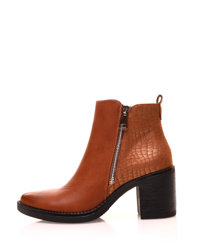 Bottines camel à talons bi-matières suédine